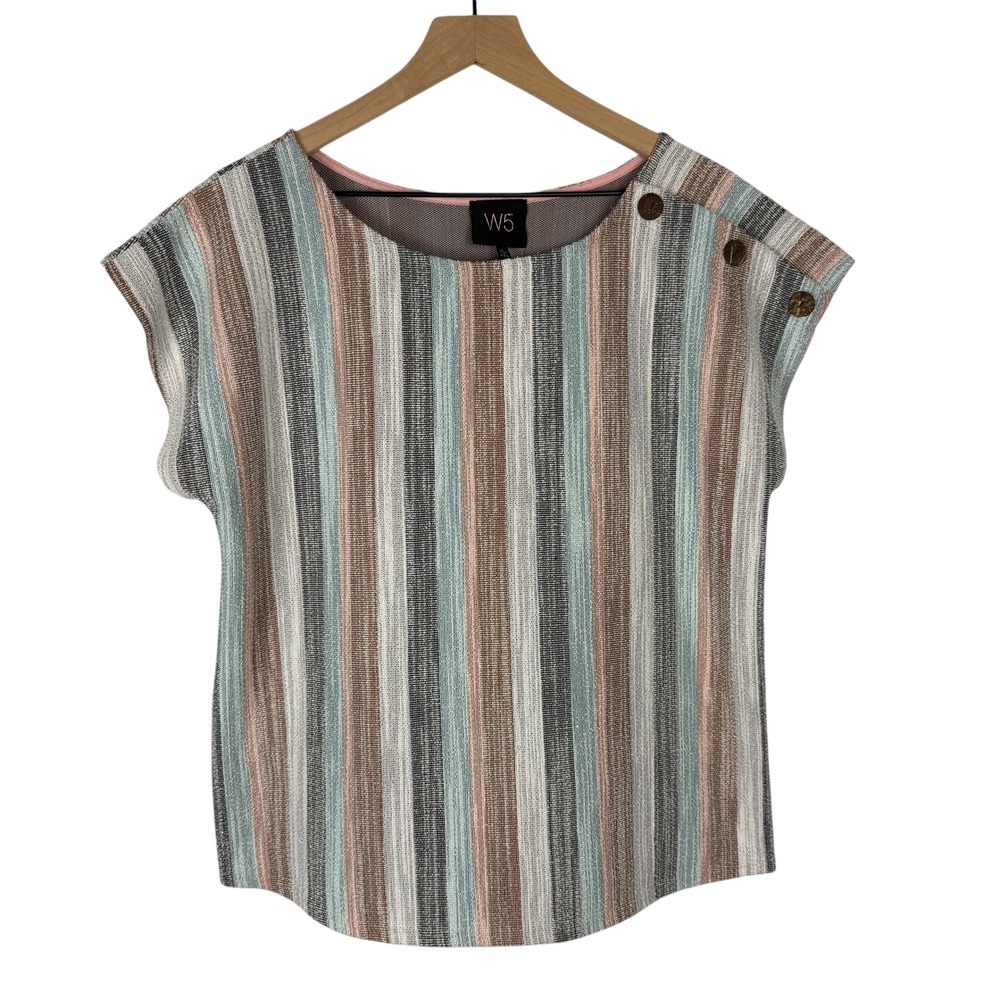 Anthropologie W5 Striped Top Women Size L Multicolor Button Shoulder Boho Casual